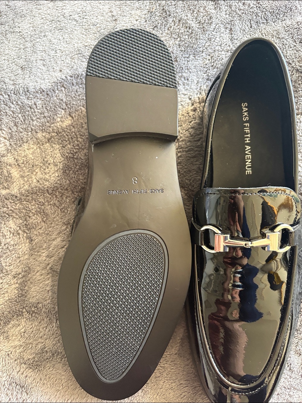 Saks Fifth Avenue Black Patent Leather Loafers with Gold Bit - Picture 3 of 3